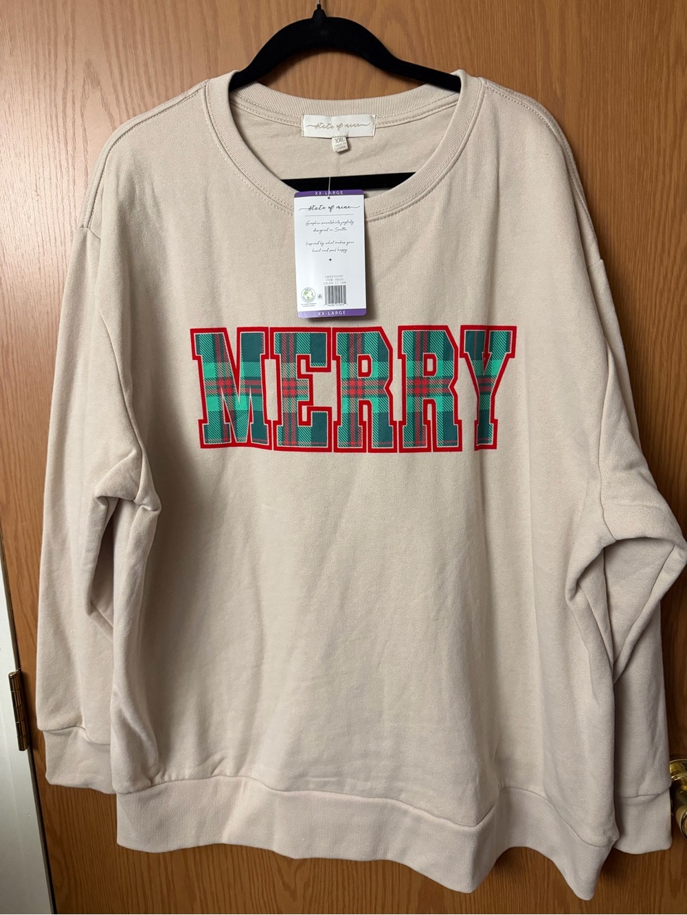 State of Mind Beige Sweatshirt with Red and Green Plaid "MERRY" Graphic
